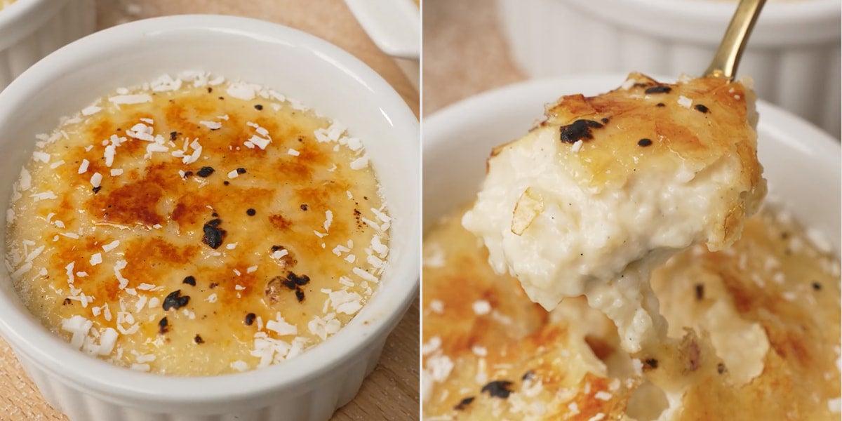 Cream brûlée de arroz con leche y coco