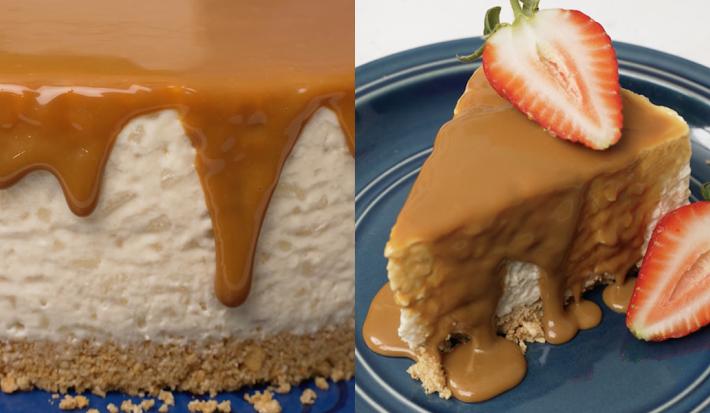 Cheesecake arroz con leche bañado en dulce de leche